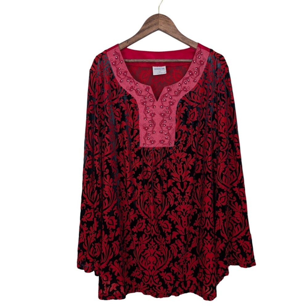 Bedford Fair Embroidered Rhinestone Velvet Burnout Top